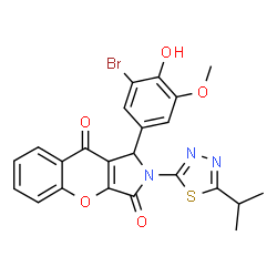 ChemSpider 2D Image | 1-(3-Bromo-4-hydroxy-5-methoxyphenyl)-2-(5-isopropyl-1,3,4-thiadiazol-2-yl)-1,2-dihydrochromeno[2,3-c]pyrrole-3,9-dione | C23H18BrN3O5S
