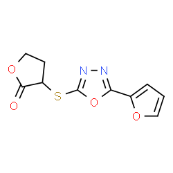 ChemSpider 2D Image | 3-{[5-(2-Furyl)-1,3,4-oxadiazol-2-yl]sulfanyl}dihydro-2(3H)-furanone | C10H8N2O4S