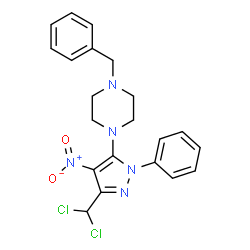 ChemSpider 2D Image | 1-Benzyl-4-[3-(dichloromethyl)-4-nitro-1-phenyl-1H-pyrazol-5-yl]piperazine | C21H21Cl2N5O2