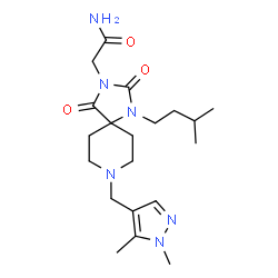ChemSpider 2D Image | 2-{8-[(1,5-Dimethyl-1H-pyrazol-4-yl)methyl]-1-(3-methylbutyl)-2,4-dioxo-1,3,8-triazaspiro[4.5]dec-3-yl}acetamide | C20H32N6O3
