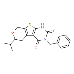 ChemSpider 2D Image | 3-Benzyl-6-isopropyl-2-sulfanyl-3,5,6,8-tetrahydro-4H-pyrano[4',3':4,5]thieno[2,3-d]pyrimidin-4-one | C19H20N2O2S2