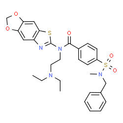 ChemSpider 2D Image | 4-[Benzyl(methyl)sulfamoyl]-N-[2-(diethylamino)ethyl]-N-([1,3]dioxolo[4,5-f][1,3]benzothiazol-6-yl)benzamide | C29H32N4O5S2