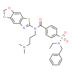 ChemSpider 2D Image | 4-[Benzyl(ethyl)sulfamoyl]-N-[3-(dimethylamino)propyl]-N-([1,3]dioxolo[4,5-f][1,3]benzothiazol-6-yl)benzamide | C29H32N4O5S2