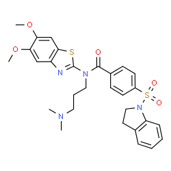 ChemSpider 2D Image | 4-(2,3-Dihydro-1H-indol-1-ylsulfonyl)-N-(5,6-dimethoxy-1,3-benzothiazol-2-yl)-N-[3-(dimethylamino)propyl]benzamide | C29H32N4O5S2