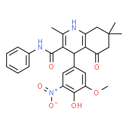 ChemSpider 2D Image | 4-(4-Hydroxy-3-methoxy-5-nitrophenyl)-2,7,7-trimethyl-5-oxo-N-phenyl-1,4,5,6,7,8-hexahydro-3-quinolinecarboxamide | C26H27N3O6