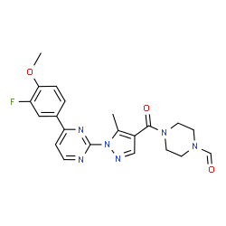 ChemSpider 2D Image | 4-({1-[4-(3-Fluoro-4-methoxyphenyl)-2-pyrimidinyl]-5-methyl-1H-pyrazol-4-yl}carbonyl)-1-piperazinecarbaldehyde | C21H21FN6O3