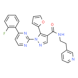 ChemSpider 2D Image | 1-[4-(2-Fluorophenyl)-2-pyrimidinyl]-5-(2-furyl)-N-[2-(3-pyridinyl)ethyl]-1H-pyrazole-4-carboxamide | C25H19FN6O2