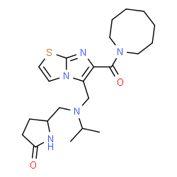 ChemSpider 2D Image | 5-{[{[6-(1-Azocanylcarbonyl)imidazo[2,1-b][1,3]thiazol-5-yl]methyl}(isopropyl)amino]methyl}-2-pyrrolidinone | C22H33N5O2S