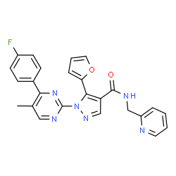 ChemSpider 2D Image | 1-[4-(4-Fluorophenyl)-5-methyl-2-pyrimidinyl]-5-(2-furyl)-N-(2-pyridinylmethyl)-1H-pyrazole-4-carboxamide | C25H19FN6O2