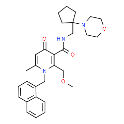 ChemSpider 2D Image | 2-(Methoxymethyl)-6-methyl-N-{[1-(4-morpholinyl)cyclopentyl]methyl}-1-(1-naphthylmethyl)-4-oxo-1,4-dihydro-3-pyridinecarboxamide | C30H37N3O4