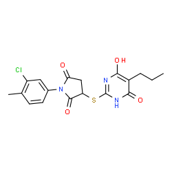 ChemSpider 2D Image | 1-(3-Chloro-4-methylphenyl)-3-[(4-hydroxy-6-oxo-5-propyl-1,6-dihydro-2-pyrimidinyl)sulfanyl]-2,5-pyrrolidinedione | C18H18ClN3O4S