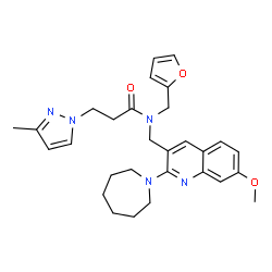 ChemSpider 2D Image | N-{[2-(1-Azepanyl)-7-methoxy-3-quinolinyl]methyl}-N-(2-furylmethyl)-3-(3-methyl-1H-pyrazol-1-yl)propanamide | C29H35N5O3