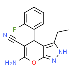 ChemSpider 2D Image | 6-Amino-3-ethyl-4-(2-fluorophenyl)-2,4-dihydropyrano[2,3-c]pyrazole-5-carbonitrile | C15H13FN4O