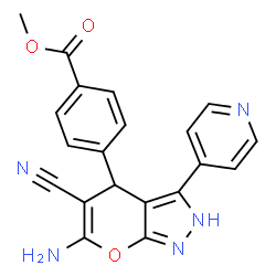 ChemSpider 2D Image | Methyl 4-[6-amino-5-cyano-3-(4-pyridinyl)-2,4-dihydropyrano[2,3-c]pyrazol-4-yl]benzoate | C20H15N5O3