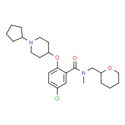 ChemSpider 2D Image | 5-Chloro-2-[(1-cyclopentyl-4-piperidinyl)oxy]-N-methyl-N-(tetrahydro-2H-pyran-2-ylmethyl)benzamide | C24H35ClN2O3