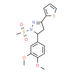ChemSpider 2D Image | 5-(3,4-Dimethoxyphenyl)-1-(methylsulfonyl)-3-(2-thienyl)-4,5-dihydro-1H-pyrazole | C16H18N2O4S2