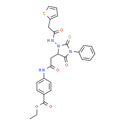 ChemSpider 2D Image | Ethyl 4-[({5-oxo-1-phenyl-3-[(2-thienylacetyl)amino]-2-thioxo-4-imidazolidinyl}acetyl)amino]benzoate | C26H24N4O5S2