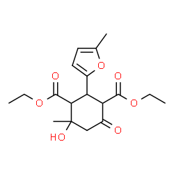 ChemSpider 2D Image | Diethyl 4-hydroxy-4-methyl-2-(5-methyl-2-furyl)-6-oxo-1,3-cyclohexanedicarboxylate | C18H24O7