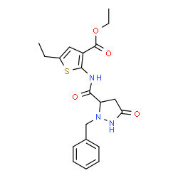 ChemSpider 2D Image | Ethyl 2-{[(2-benzyl-5-oxo-3-pyrazolidinyl)carbonyl]amino}-5-ethyl-3-thiophenecarboxylate | C20H23N3O4S