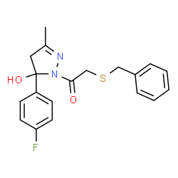 ChemSpider 2D Image | 2-(Benzylsulfanyl)-1-[5-(4-fluorophenyl)-5-hydroxy-3-methyl-4,5-dihydro-1H-pyrazol-1-yl]ethanone | C19H19FN2O2S