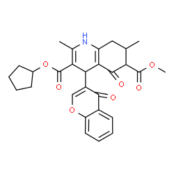 ChemSpider 2D Image | 3-Cyclopentyl 6-methyl 2,7-dimethyl-5-oxo-4-(4-oxo-4H-chromen-3-yl)-1,4,5,6,7,8-hexahydro-3,6-quinolinedicarboxylate | C28H29NO7