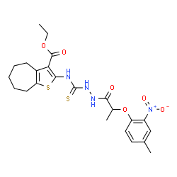 ChemSpider 2D Image | Ethyl 2-[({2-[2-(4-methyl-2-nitrophenoxy)propanoyl]hydrazino}carbothioyl)amino]-5,6,7,8-tetrahydro-4H-cyclohepta[b]thiophene-3-carboxylate | C23H28N4O6S2