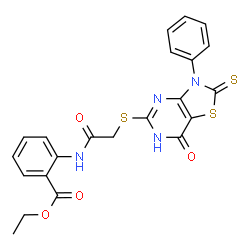 ChemSpider 2D Image | Ethyl 2-({[(7-oxo-3-phenyl-2-thioxo-2,3,4,7-tetrahydro[1,3]thiazolo[4,5-d]pyrimidin-5-yl)sulfanyl]acetyl}amino)benzoate | C22H18N4O4S3