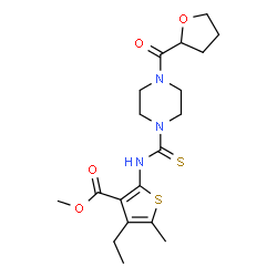 ChemSpider 2D Image | Methyl 4-ethyl-5-methyl-2-({[4-(tetrahydrofuran-2-ylcarbonyl)piperazin-1-yl]carbothioyl}amino)thiophene-3-carboxylate | C19H27N3O4S2