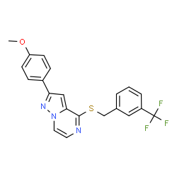ChemSpider 2D Image | 2-(4-Methoxyphenyl)-4-{[3-(trifluoromethyl)benzyl]sulfanyl}pyrazolo[1,5-a]pyrazine | C21H16F3N3OS