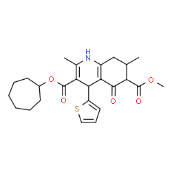 ChemSpider 2D Image | 3-Cycloheptyl 6-methyl 2,7-dimethyl-5-oxo-4-(2-thienyl)-1,4,5,6,7,8-hexahydro-3,6-quinolinedicarboxylate | C25H31NO5S