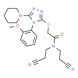 ChemSpider 2D Image | N,N-Bis(2-cyanoethyl)-2-{[4-(2-methoxyphenyl)-5-(1-piperidinyl)-4H-1,2,4-triazol-3-yl]sulfanyl}acetamide | C22H27N7O2S
