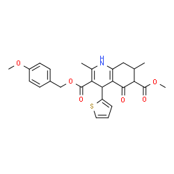 ChemSpider 2D Image | 3-(4-Methoxybenzyl) 6-methyl 2,7-dimethyl-5-oxo-4-(2-thienyl)-1,4,5,6,7,8-hexahydro-3,6-quinolinedicarboxylate | C26H27NO6S
