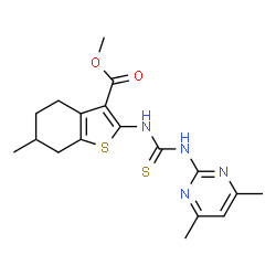 ChemSpider 2D Image | Methyl 2-{[(4,6-dimethyl-2-pyrimidinyl)carbamothioyl]amino}-6-methyl-4,5,6,7-tetrahydro-1-benzothiophene-3-carboxylate | C18H22N4O2S2