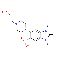 ChemSpider 2D Image | 5-[4-(2-Hydroxyethyl)-1-piperazinyl]-1,3-dimethyl-6-nitro-1,3-dihydro-2H-benzimidazol-2-one | C15H21N5O4
