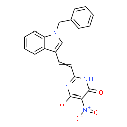 ChemSpider 2D Image | 2-[2-(1-Benzyl-1H-indol-3-yl)vinyl]-6-hydroxy-5-nitro-4(3H)-pyrimidinone | C21H16N4O4