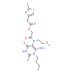 ChemSpider 2D Image | 2-[(6-Amino-1-butyl-2,4-dioxo-1,2,3,4-tetrahydro-5-pyrimidinyl)(2-methoxyethyl)amino]-2-oxoethyl (2-methyl-1,3-thiazol-4-yl)acetate | C19H27N5O6S