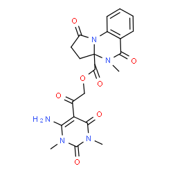 ChemSpider 2D Image | 2-(6-Amino-1,3-dimethyl-2,4-dioxo-1,2,3,4-tetrahydro-5-pyrimidinyl)-2-oxoethyl 4-methyl-1,5-dioxo-2,3,4,5-tetrahydropyrrolo[1,2-a]quinazoline-3a(1H)-carboxylate | C21H21N5O7