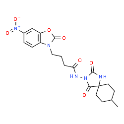 ChemSpider 2D Image | N-(8-Methyl-2,4-dioxo-1,3-diazaspiro[4.5]dec-3-yl)-4-(6-nitro-2-oxo-1,3-benzoxazol-3(2H)-yl)butanamide | C20H23N5O7