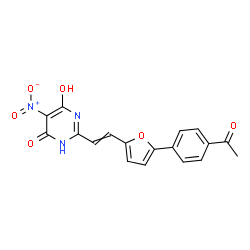 ChemSpider 2D Image | 2-{2-[5-(4-Acetylphenyl)-2-furyl]vinyl}-6-hydroxy-5-nitro-4(3H)-pyrimidinone | C18H13N3O6