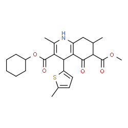 ChemSpider 2D Image | 3-Cyclohexyl 6-methyl 2,7-dimethyl-4-(5-methyl-2-thienyl)-5-oxo-1,4,5,6,7,8-hexahydro-3,6-quinolinedicarboxylate | C25H31NO5S