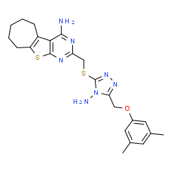 ChemSpider 2D Image | 2-[({4-Amino-5-[(3,5-dimethylphenoxy)methyl]-4H-1,2,4-triazol-3-yl}sulfanyl)methyl]-6,7,8,9-tetrahydro-5H-cyclohepta[4,5]thieno[2,3-d]pyrimidin-4-amine | C23H27N7OS2