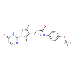 ChemSpider 2D Image | 3-[3,5-Dimethyl-1-(4-methyl-6-oxo-1,6-dihydro-2-pyrimidinyl)-1H-pyrazol-4-yl]-N-[4-(trifluoromethoxy)phenyl]propanamide | C20H20F3N5O3