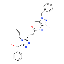ChemSpider 2D Image | 2-({4-Allyl-5-[hydroxy(phenyl)methyl]-4H-1,2,4-triazol-3-yl}sulfanyl)-N-(1-benzyl-3,5-dimethyl-1H-pyrazol-4-yl)acetamide | C26H28N6O2S