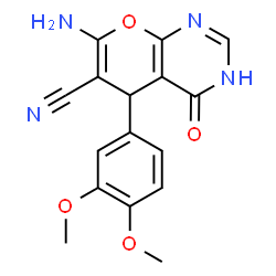 ChemSpider 2D Image | 7-Amino-5-(3,4-dimethoxyphenyl)-4-oxo-3,5-dihydro-4H-pyrano[2,3-d]pyrimidine-6-carbonitrile | C16H14N4O4