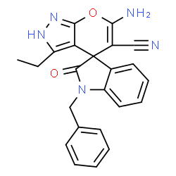ChemSpider 2D Image | 6'-Amino-1-benzyl-3'-ethyl-2-oxo-1,2-dihydro-2'H-spiro[indole-3,4'-pyrano[2,3-c]pyrazole]-5'-carbonitrile | C23H19N5O2