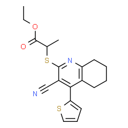 ChemSpider 2D Image | Ethyl 2-{[3-cyano-4-(2-thienyl)-5,6,7,8-tetrahydro-2-quinolinyl]sulfanyl}propanoate | C19H20N2O2S2