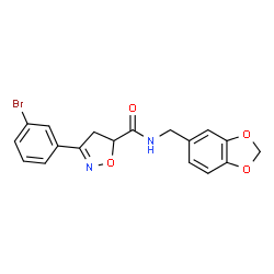 ChemSpider 2D Image | N-(1,3-Benzodioxol-5-ylmethyl)-3-(3-bromophenyl)-4,5-dihydro-1,2-oxazole-5-carboxamide | C18H15BrN2O4