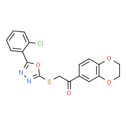 ChemSpider 2D Image | 2-{[5-(2-Chlorophenyl)-1,3,4-oxadiazol-2-yl]sulfanyl}-1-(2,3-dihydro-1,4-benzodioxin-6-yl)ethanone | C18H13ClN2O4S