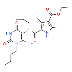ChemSpider 2D Image | Ethyl 5-[(6-amino-1-butyl-2,4-dioxo-1,2,3,4-tetrahydro-5-pyrimidinyl)(isobutyl)carbamoyl]-2,4-dimethyl-1H-pyrrole-3-carboxylate | C22H33N5O5