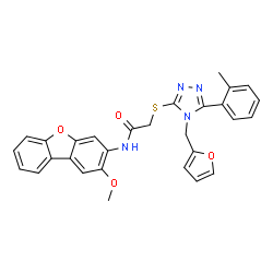 ChemSpider 2D Image | 2-{[4-(2-Furylmethyl)-5-(2-methylphenyl)-4H-1,2,4-triazol-3-yl]sulfanyl}-N-(2-methoxydibenzo[b,d]furan-3-yl)acetamide | C29H24N4O4S